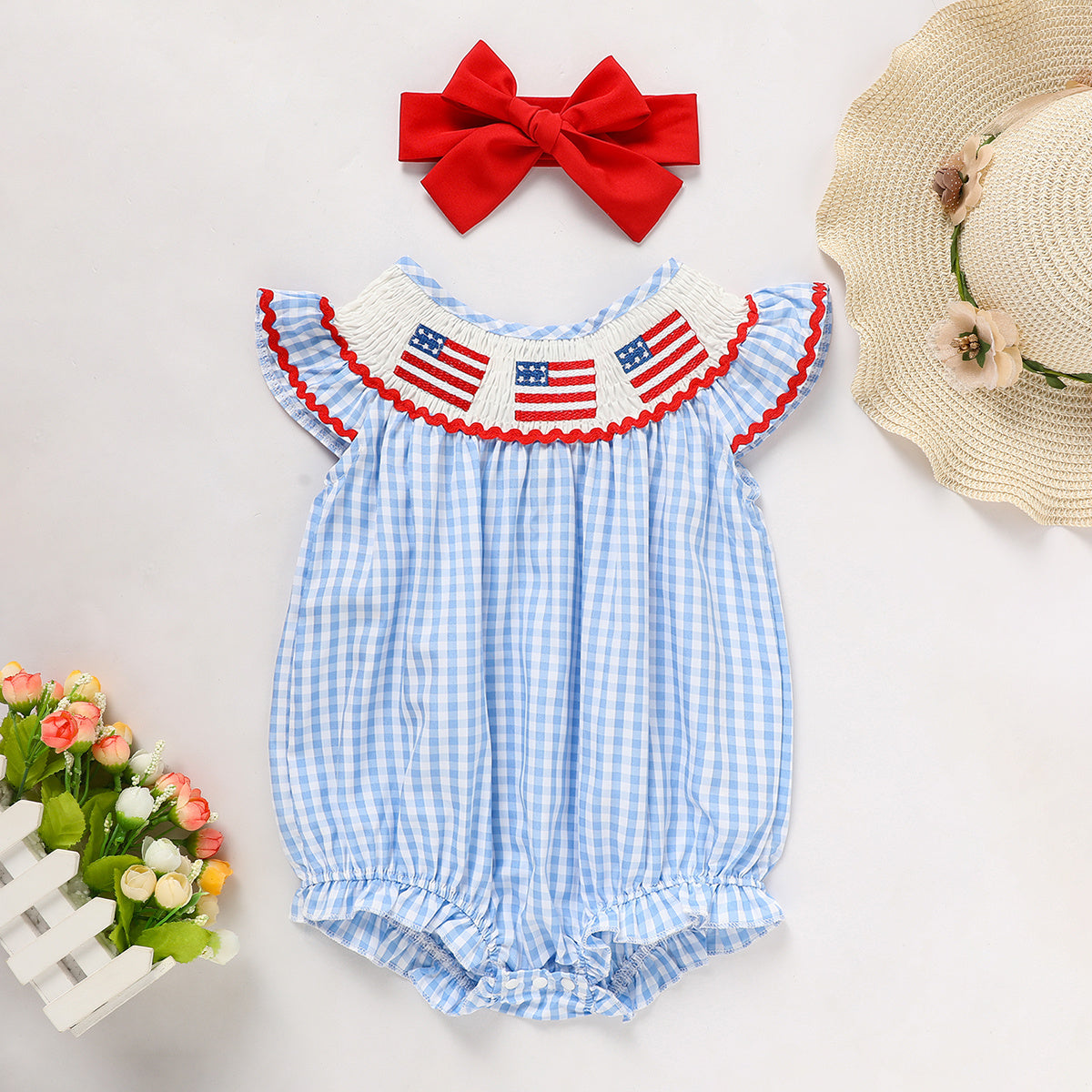 Baby Girls Independence Day Outfit 4th Of July American Flag Embroidery Smocked Bubble Romper With Headband