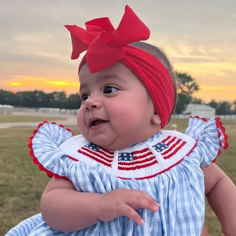 Baby Girls Independence Day Outfit 4th Of July American Flag Embroidery Smocked Bubble Romper With Headband