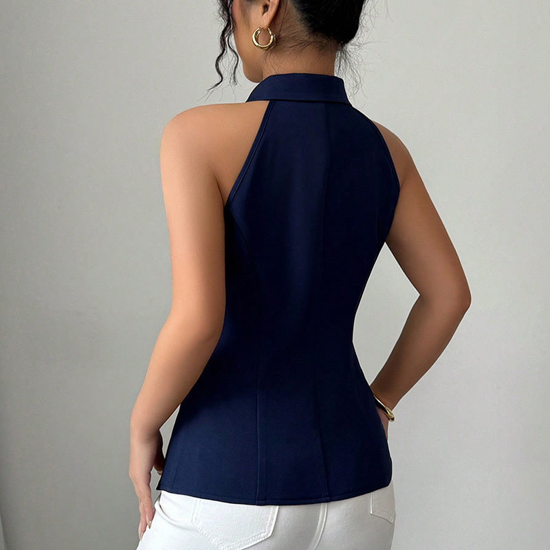 Women's Elegant Solid Sleeveless Vest - Button Front Lapel Top, Slim Fit Camisole For Spring&Summer