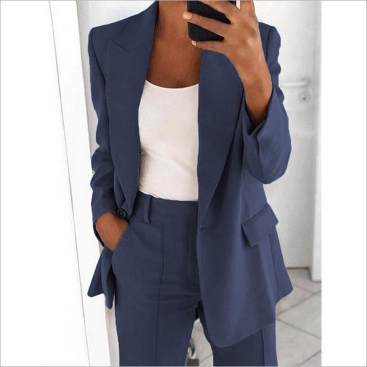 Ins Button Casual Suit Fashion Long-sleeved Lapel Blazer Jacket And Slim-fit Pocket Trousers For Women Clothing