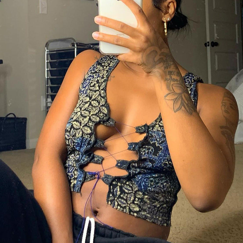 Printed Strappy Hollow Slim Vest Women's Clothing