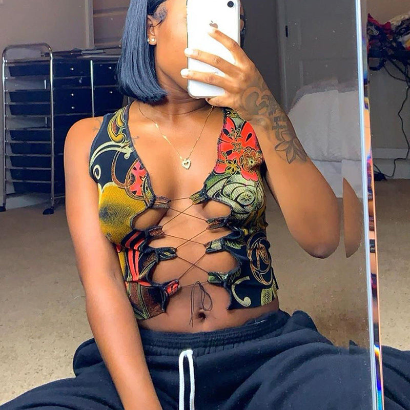 Printed Strappy Hollow Slim Vest Women's Clothing