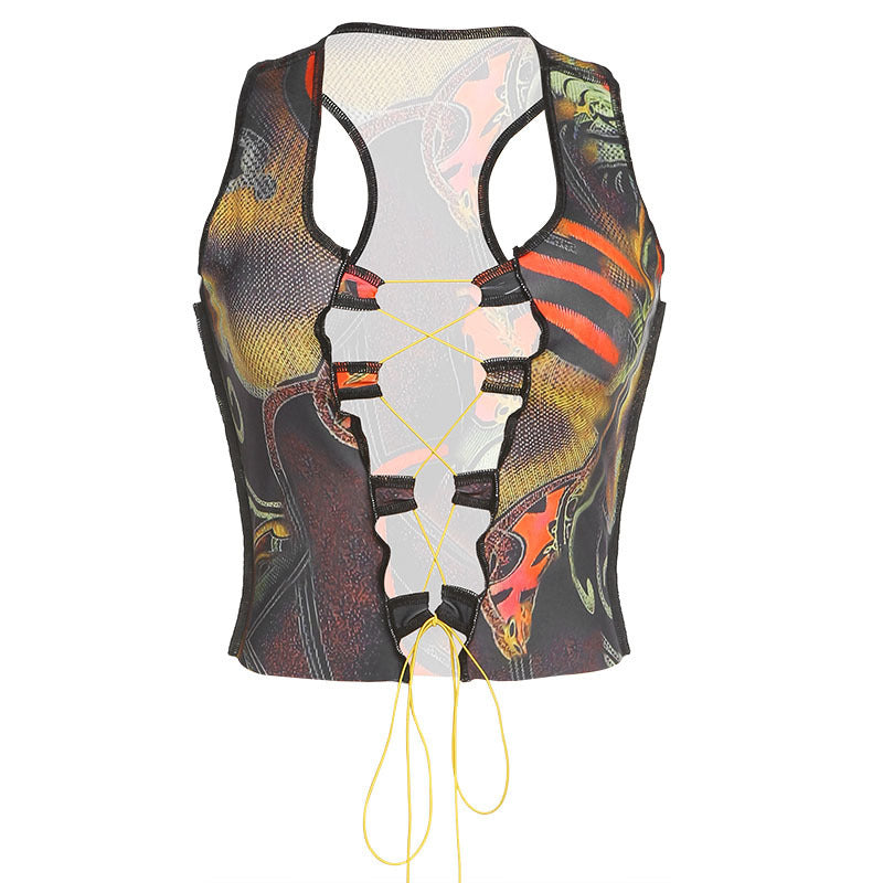 Printed Strappy Hollow Slim Vest Women's Clothing