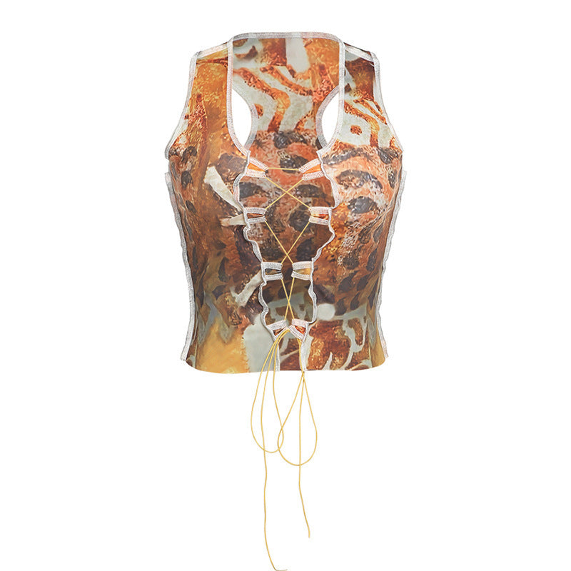 Printed Strappy Hollow Slim Vest Women's Clothing