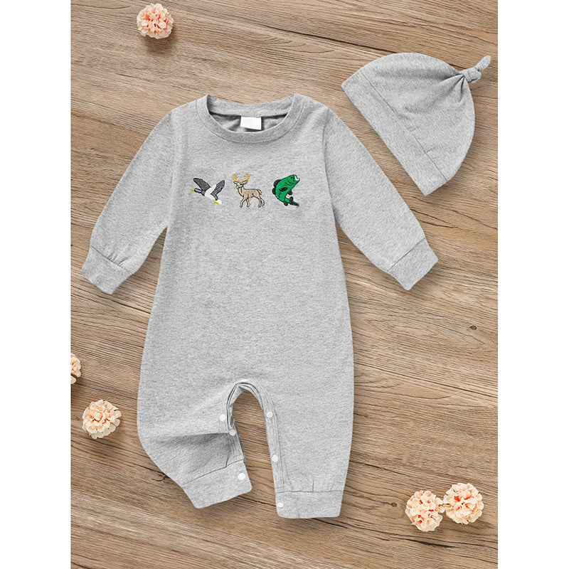 Newborn Baby Boy Outfits Long Sleeve Animal Print Romper & Hat 2Pcs Fall Winter Clothes Set