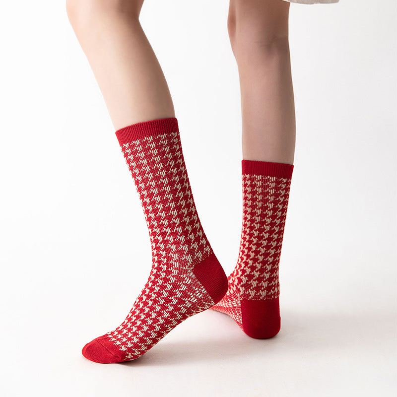 Red Socks For Women Middle Tube Pure Cotton