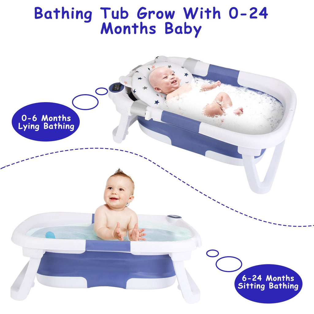 1Pc Baby Bath Tub With Thermometer Collapsible Travel Friendly 0 To 24Months Baby Bathtub With Drain Hole For Newborn Infant Toddler Odorless Toxic Free Foldable Bathtub