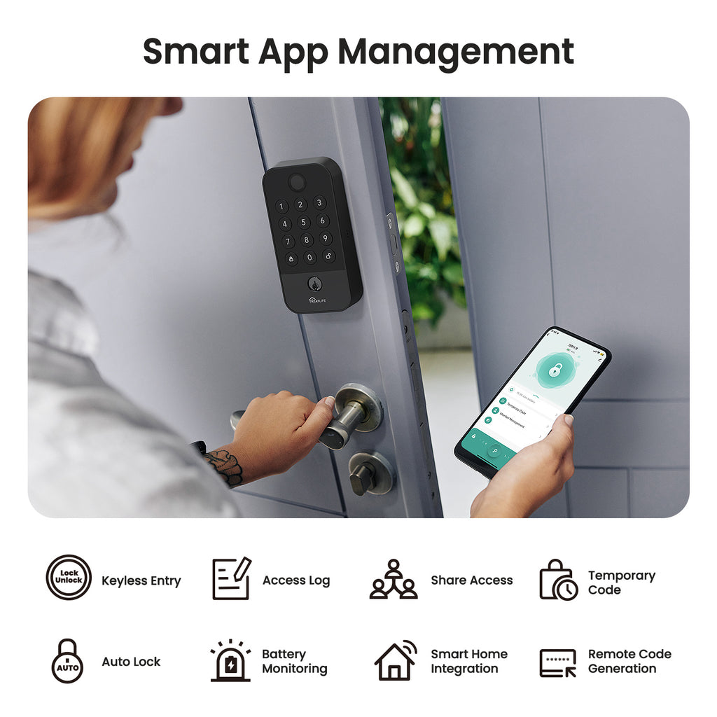 Smart WiFi & Bluetooth Door Lock With Fingerprint, Keypad & Code Entry, App Remote Control, Auto Lock, Black