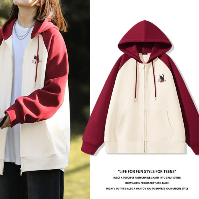 New Contrast Color Women's Clothing Winter Fleece-lined Casual Cardigan Coat Outerwear Women