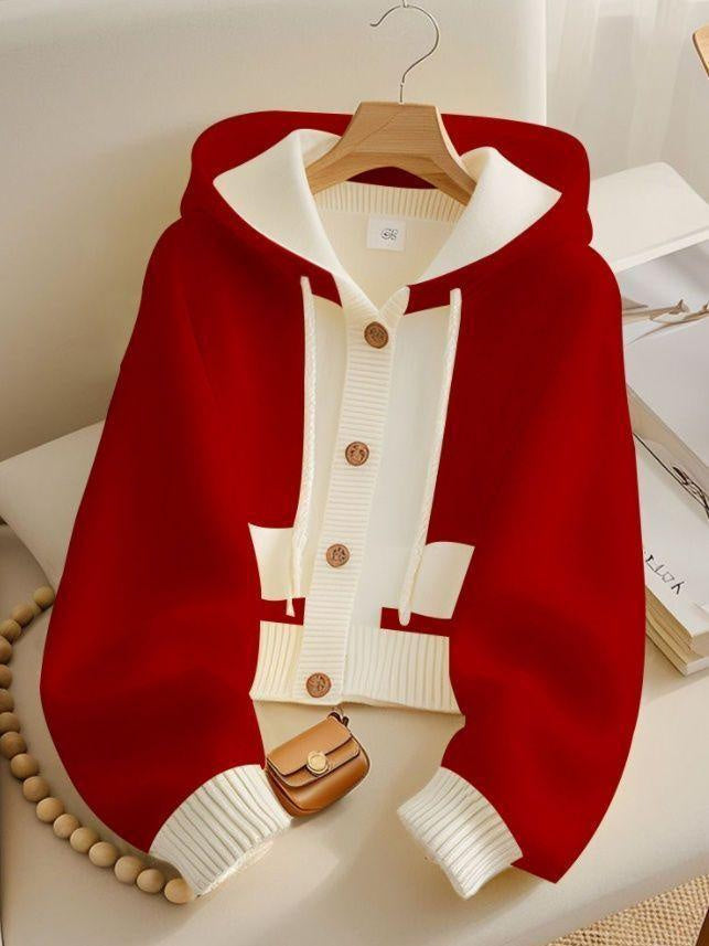 Red Hooded Single-breasted Knitted Cardigan Jacket