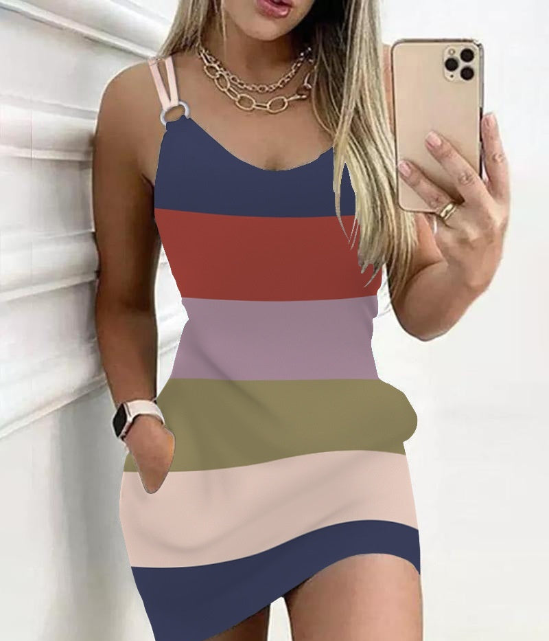 Color Matching Pocket Mini Dress Women's Clothing