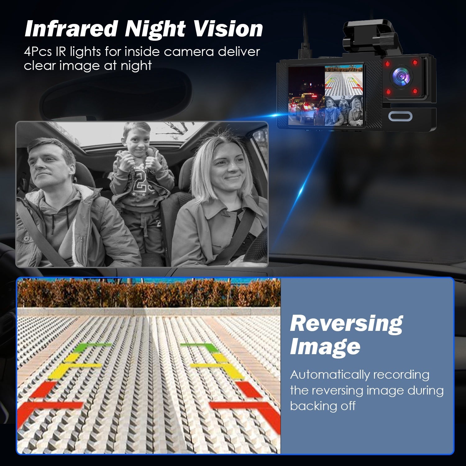 1Pc WiFi FHD 1080P Car Dash Cam 3 Channels Front Rear Inside Dash Camera With Loop Recording Reversing Image Night Vision 170 Degree Wide Angle Support 64G MMC Card Included