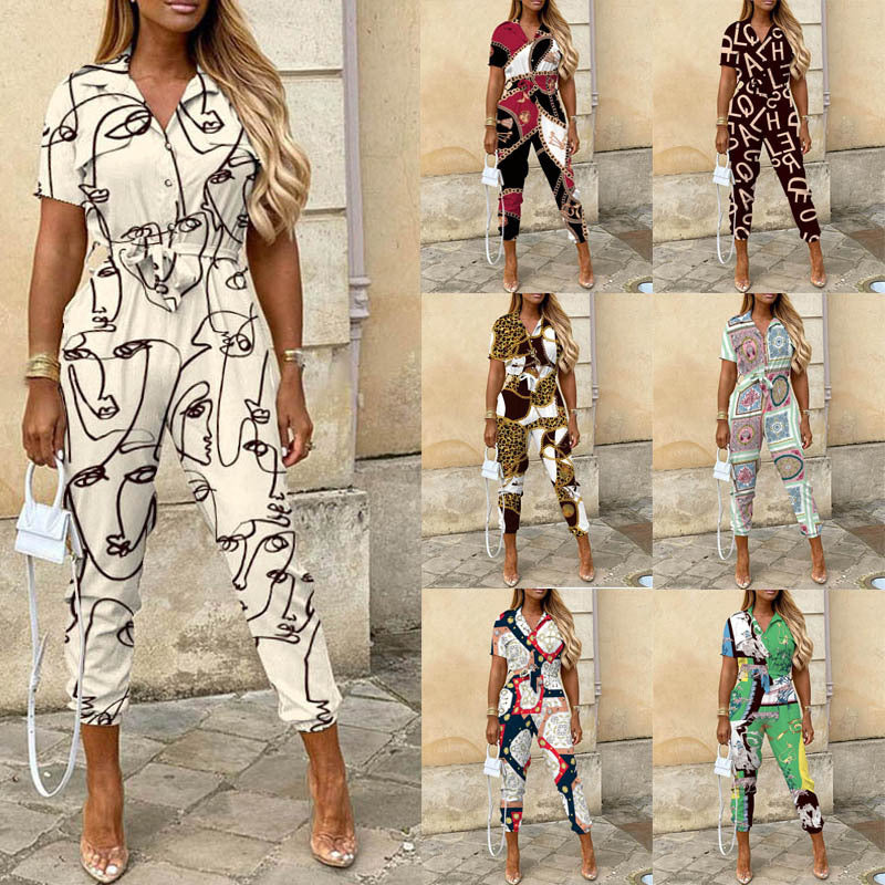 Women's Clothing Lapel Print Cargo Overalls
