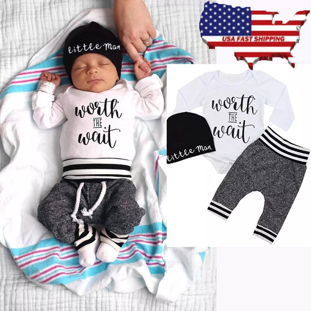 US Newborn Baby Boy Girl Tops Romper Bodysuit Jumpsuit Pants Outfits Clothes Set