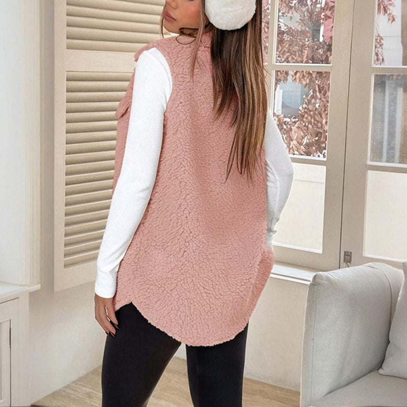 Women's Wool-Like Sleeveless Vest With Lapel, Solid Color Mid-Length Button Up Waistcoat For Layering, Casual & Formal Outfits
