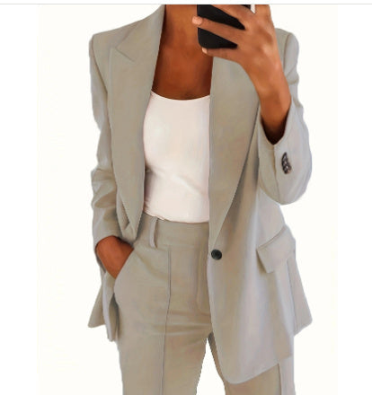 Ins Button Casual Suit Fashion Long-sleeved Lapel Blazer Jacket And Slim-fit Pocket Trousers For Women Clothing