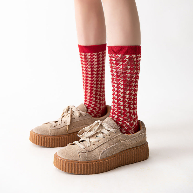 Red Socks For Women Middle Tube Pure Cotton