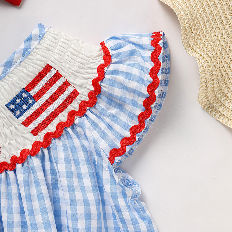 Baby Girls Independence Day Outfit 4th Of July American Flag Embroidery Smocked Bubble Romper With Headband