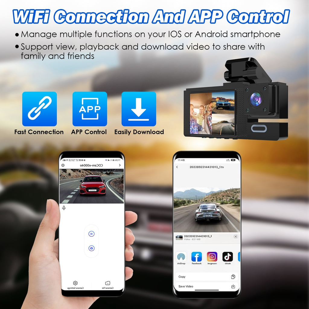 1Pc WiFi FHD 1080P Car Dash Cam 3 Channels Front Rear Inside Dash Camera With Loop Recording Reversing Image Night Vision 170 Degree Wide Angle Support 64G MMC Card Included