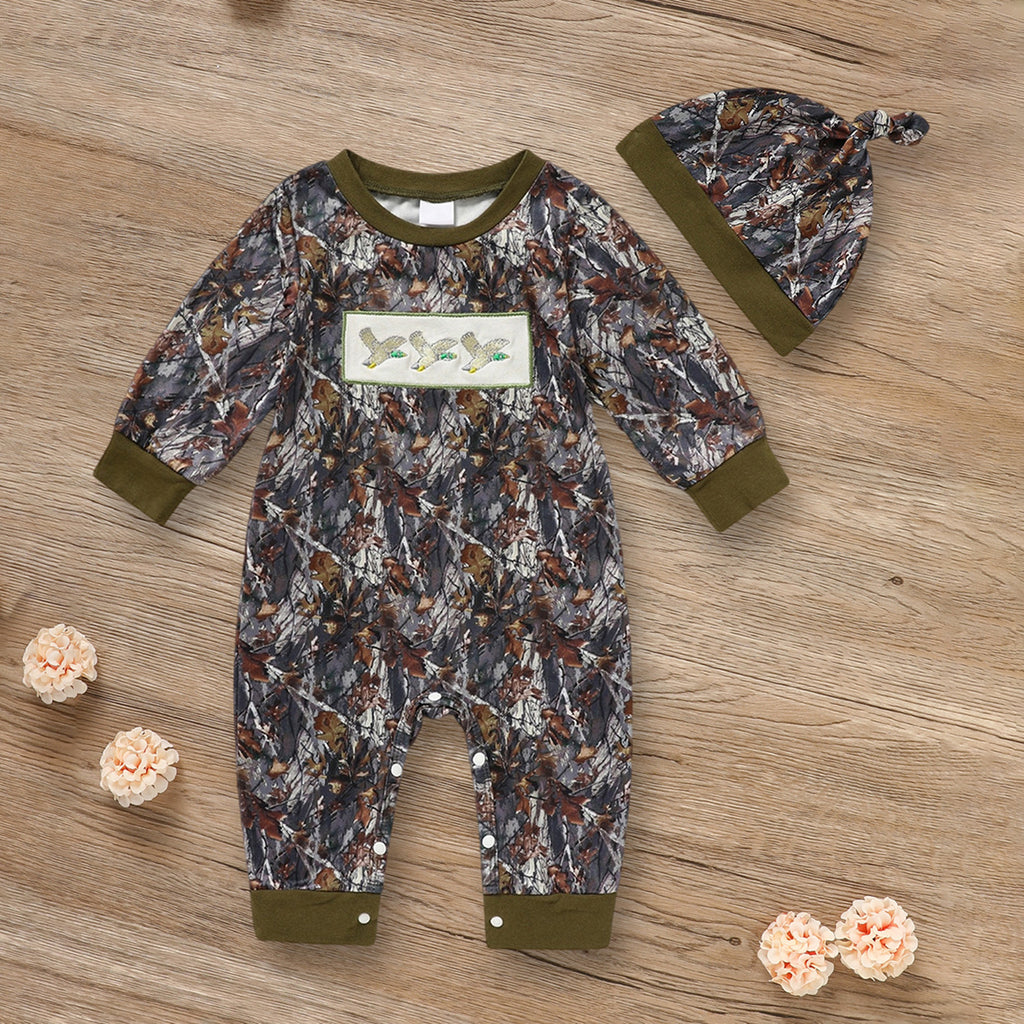 Newborn Baby Boy Outfits Long Sleeve Animal Print Romper & Hat 2Pcs Fall Winter Clothes Set