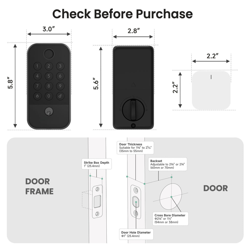 Smart WiFi & Bluetooth Door Lock With Fingerprint, Keypad & Code Entry, App Remote Control, Auto Lock, Black
