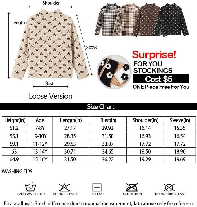 Askfine Girls Boys Pattern Half Turtleneck Sweaters Kids Warm Long Sleeve Knit Pullover Tops Unisex 5-14 Years