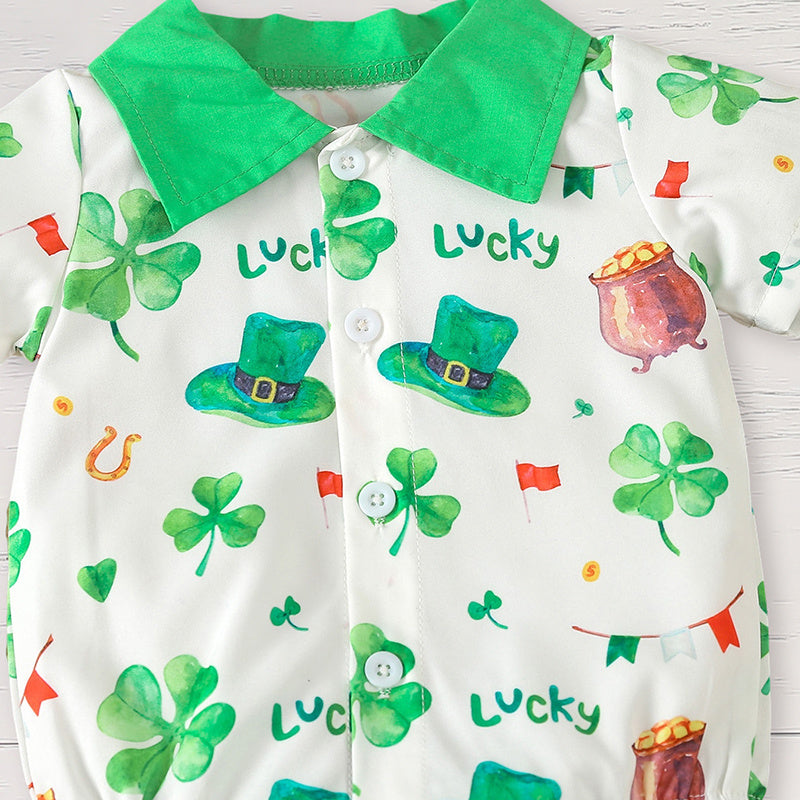 Newborn Baby Boy St. Patrick's Day Clothes Short Sleeve Clover Print Romper & Suspenders Pant 2Pcs Casual Clothes Set