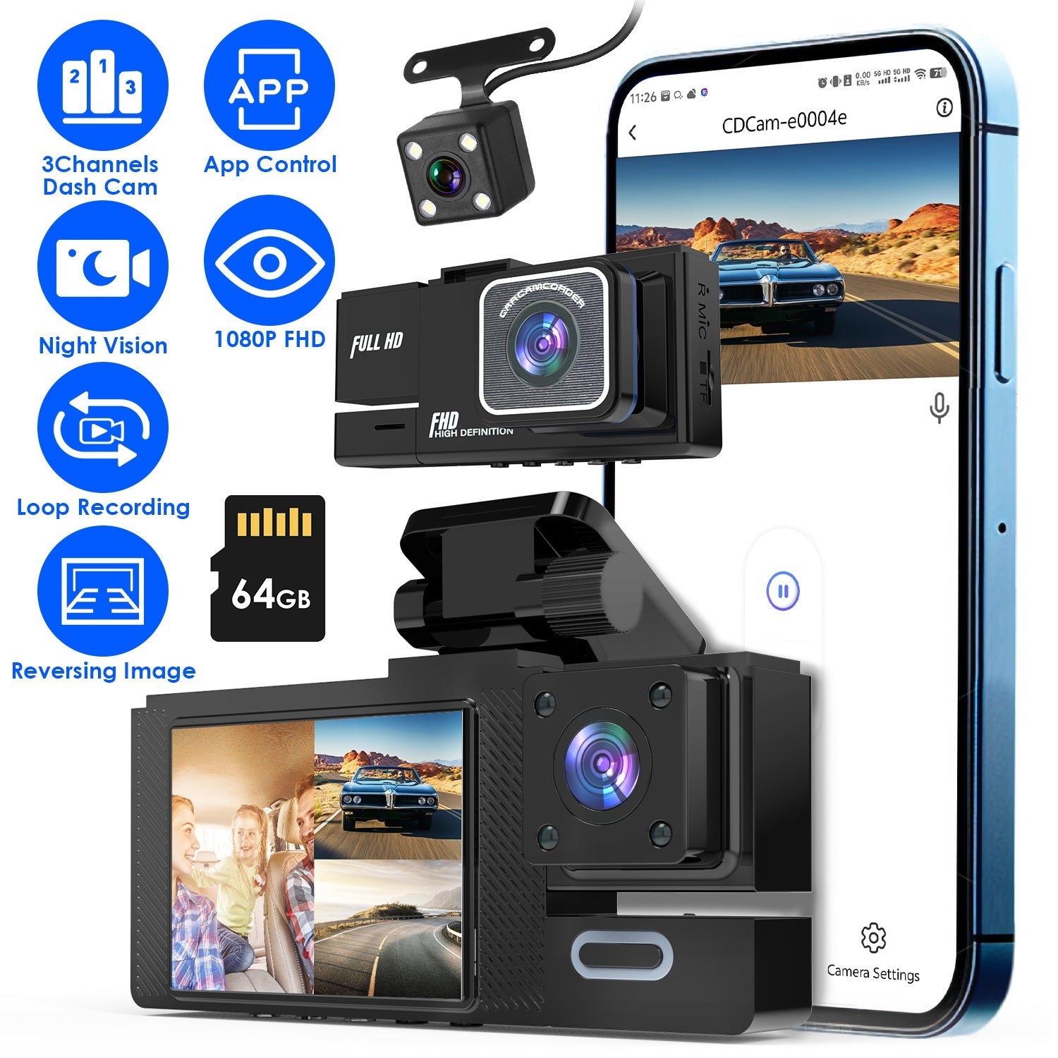 1Pc WiFi FHD 1080P Car Dash Cam 3 Channels Front Rear Inside Dash Camera With Loop Recording Reversing Image Night Vision 170 Degree Wide Angle Support 64G MMC Card Included