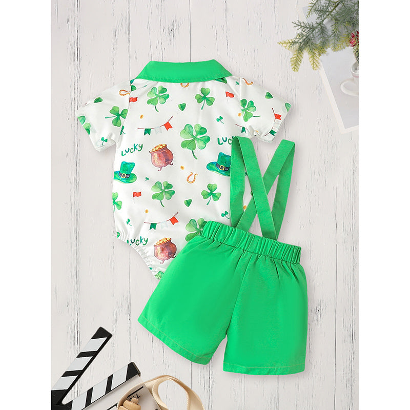 Newborn Baby Boy St. Patrick's Day Clothes Short Sleeve Clover Print Romper & Suspenders Pant 2Pcs Casual Clothes Set