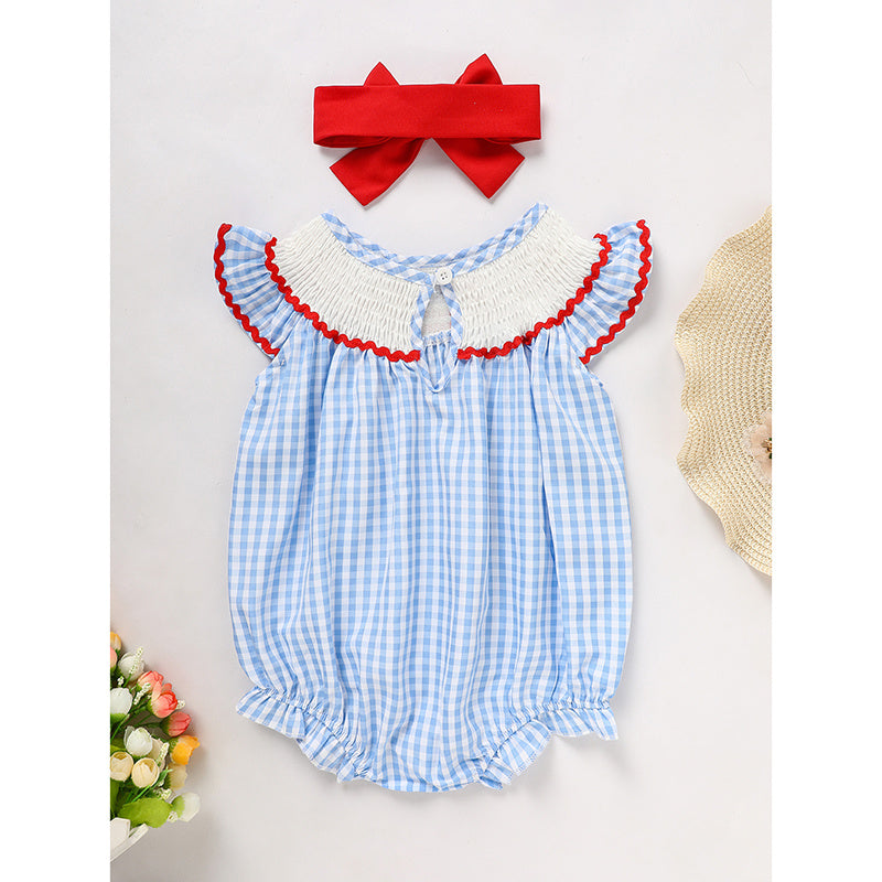 Baby Girls Independence Day Outfit 4th Of July American Flag Embroidery Smocked Bubble Romper With Headband
