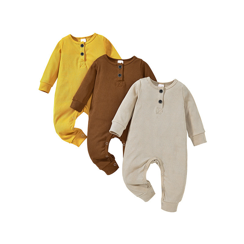 3-Pack Newborns Infants Baby Boys & Girls Long Sleeve Ribbed Romper Soft Button Front Jumpsuit