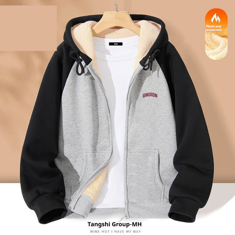 New Contrast Color Women's Clothing Winter Fleece-lined Casual Cardigan Coat Outerwear Women