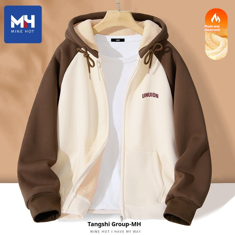 New Contrast Color Women's Clothing Winter Fleece-lined Casual Cardigan Coat Outerwear Women