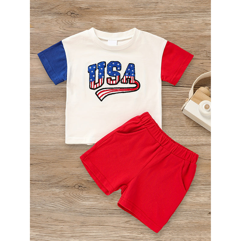 Infant Baby Boy 4th Of July Outfit Set USA Letter Print Color Block T-Shirt & Shorts For Independence Day Celebration