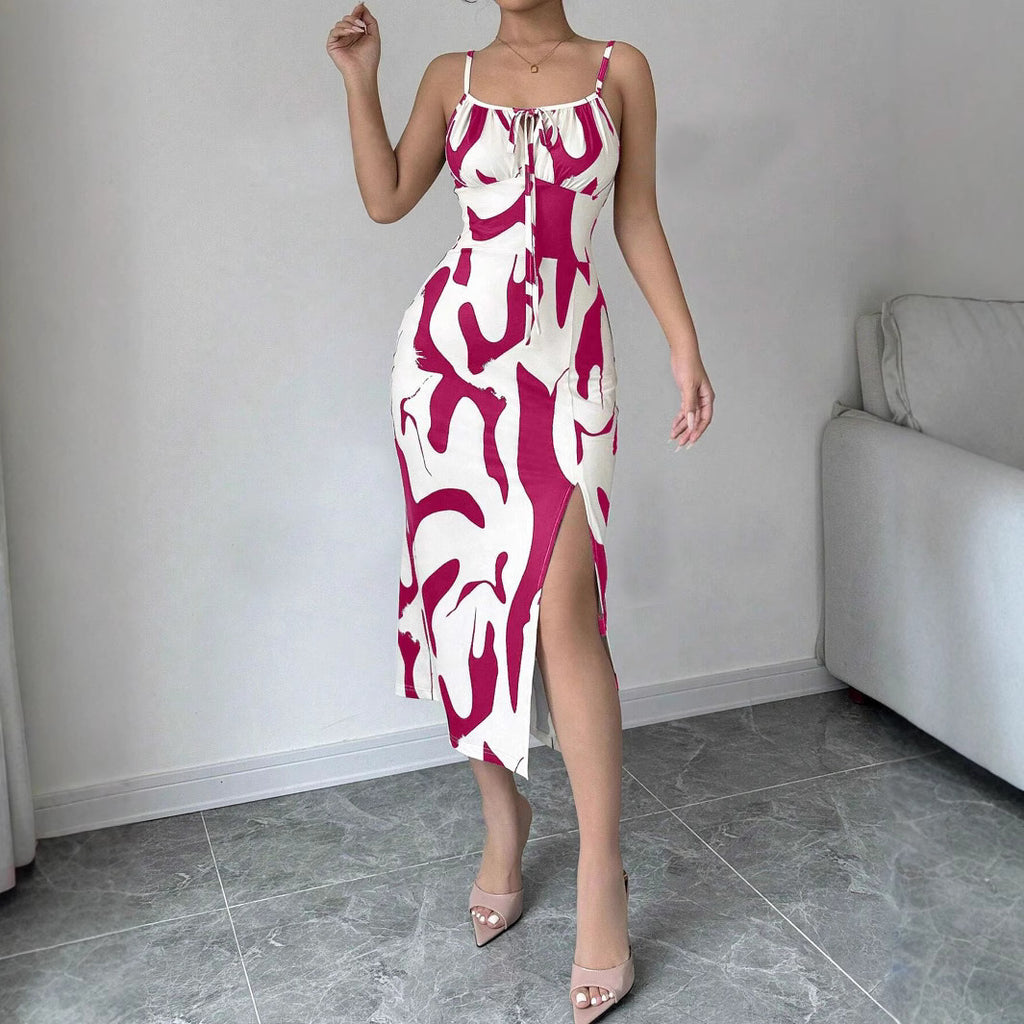 Summer Printed Suspender Split Dress Fashion Slim Lace-up Long Dresses For Women Clothing